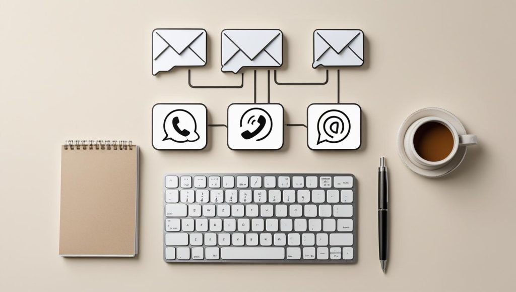 flat lay of digital contact tools – email, phone, message icons with a keyboard, notepad and coffee cup, light ,DIGITAL mARKETING background, clean professional vibe.”